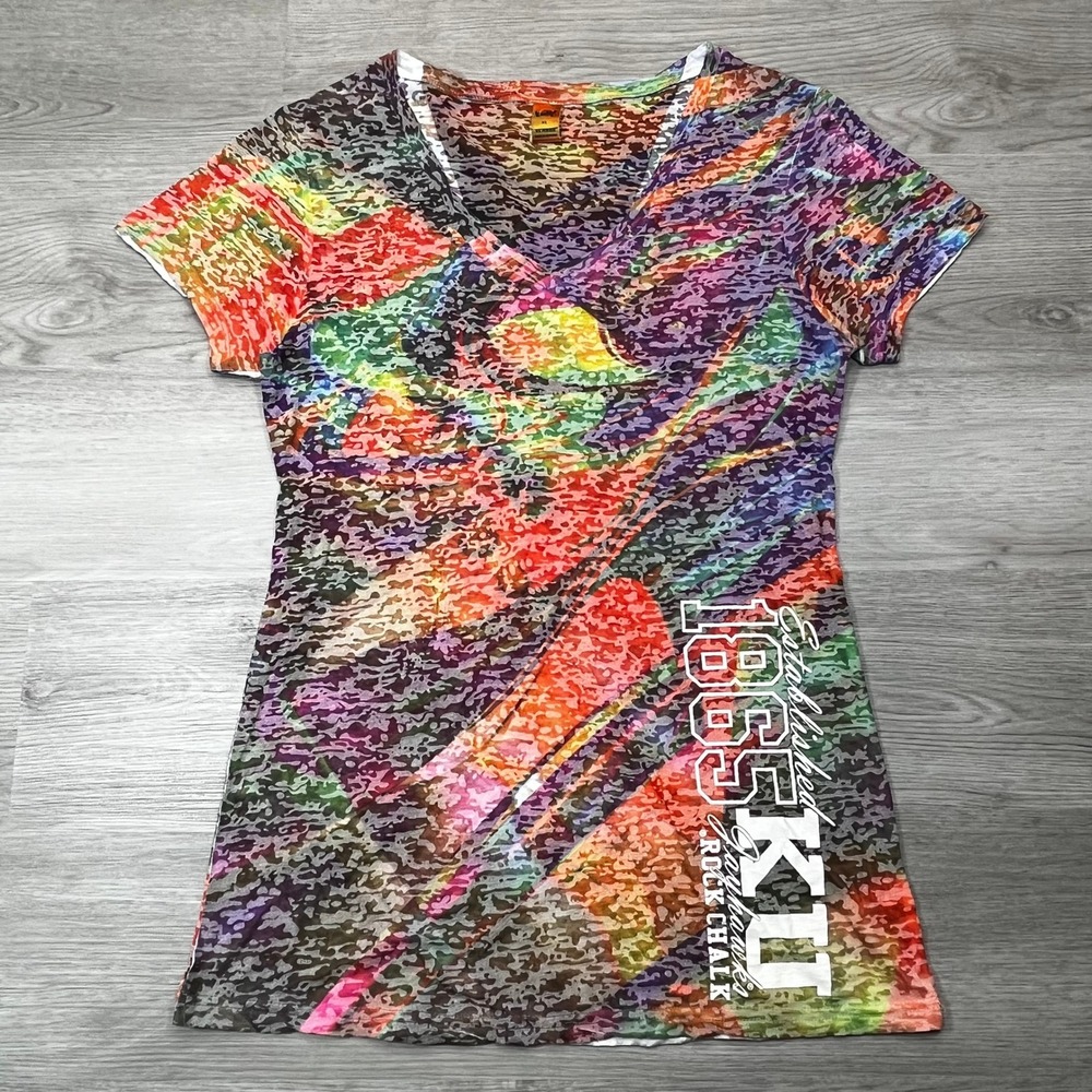 Kansas Jayhawks Womens T-Shirt XL Colorful Graphic‎ Tee V-Neck Top Rock Chalk